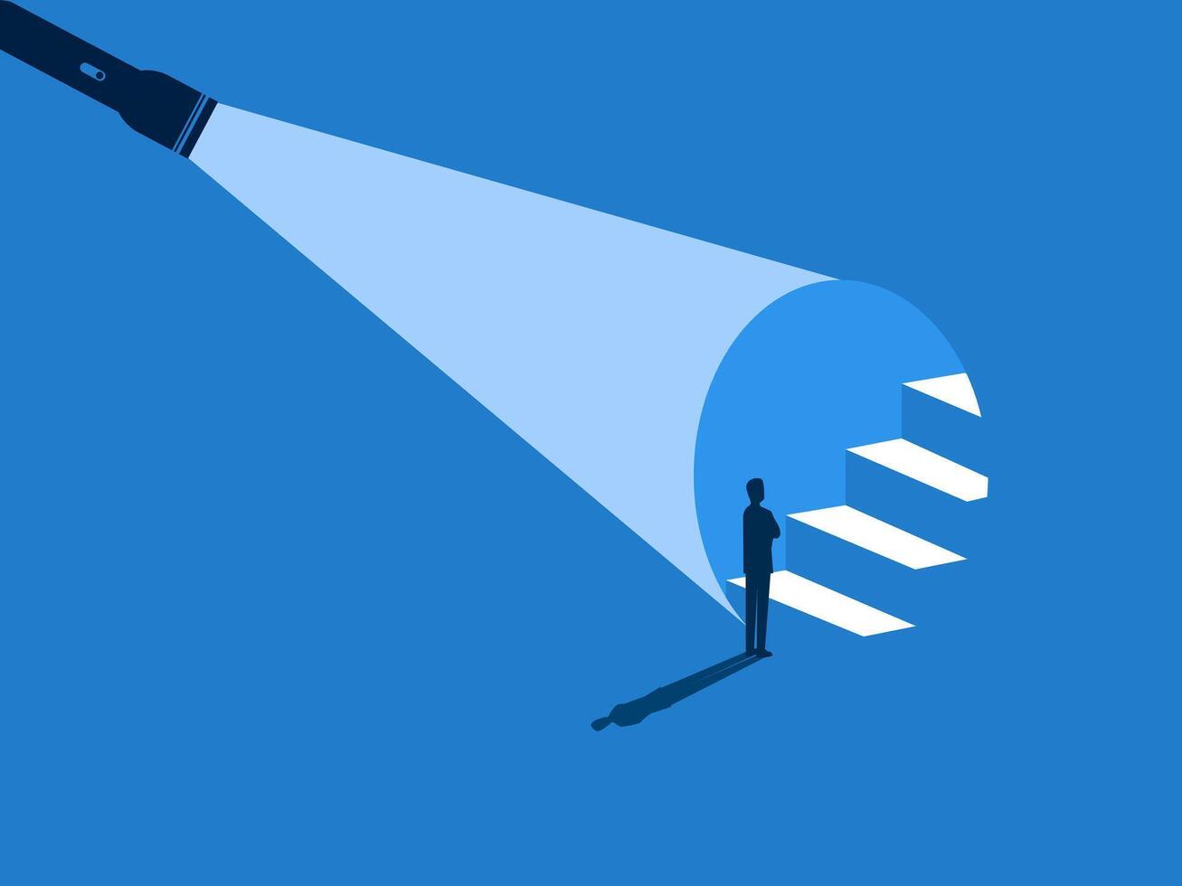 Businessman standing looking at flashlight shining on stairs vector