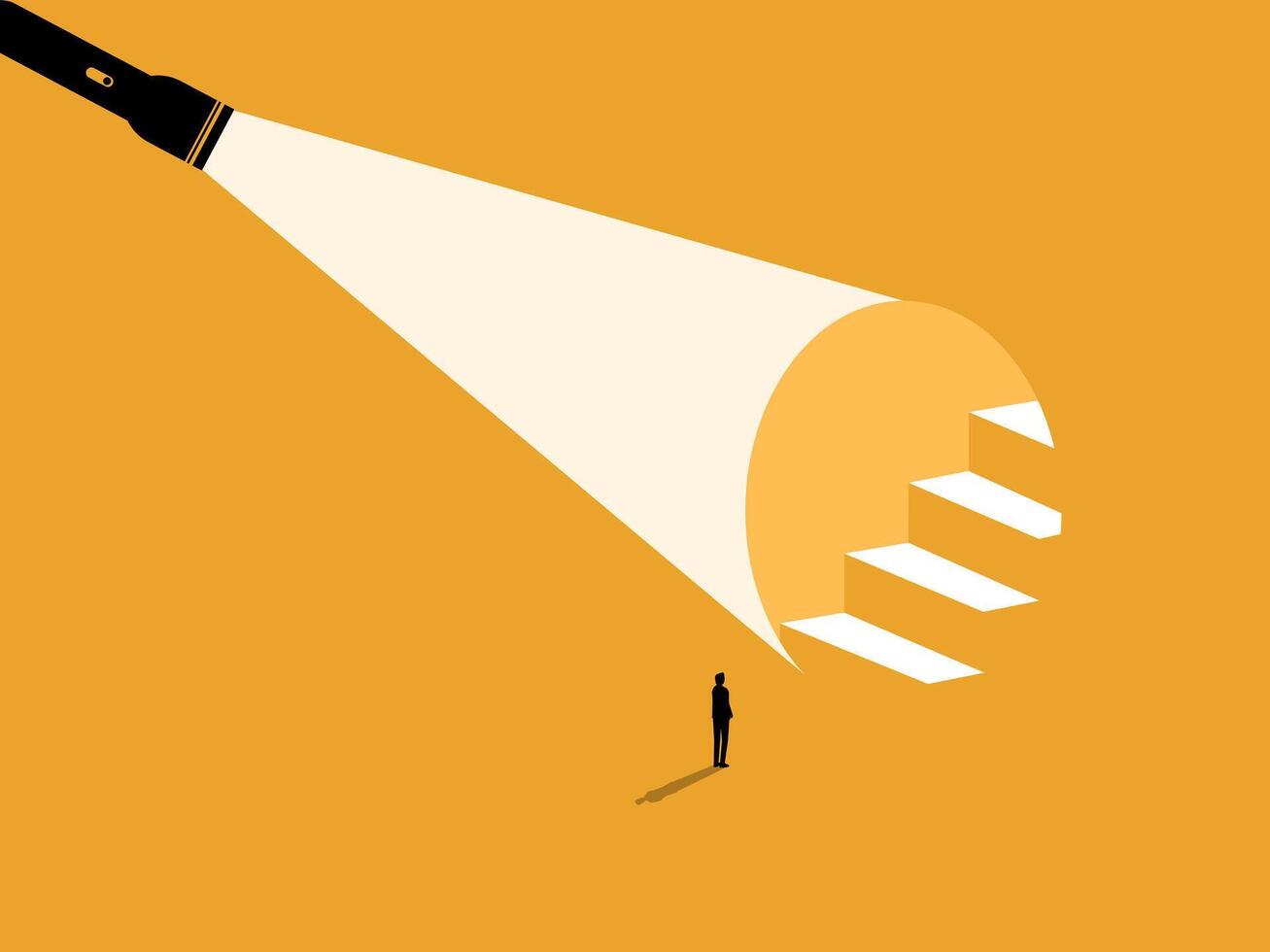 Revealing the strategy, Businessman standing looking at flashlight shining on stairs vector