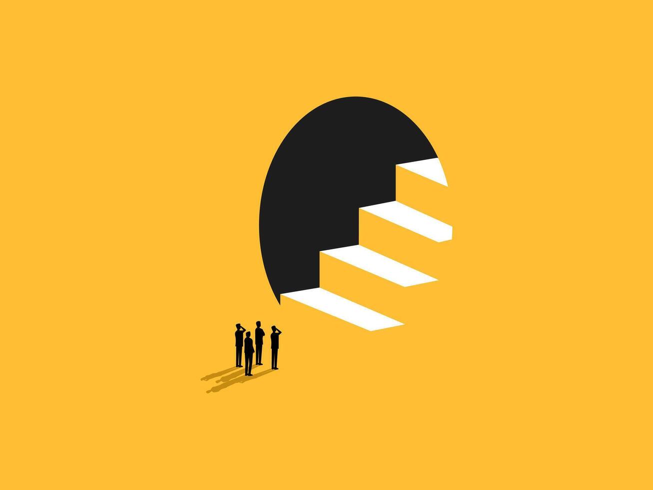 Business team looking at the stairs to success in a dark hole vector