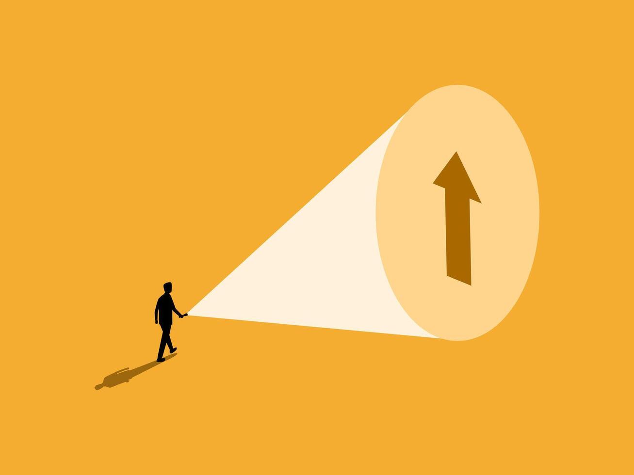 Advises Progress, Businessman Holds Flashlight and Sees the Shadow of Growing vector