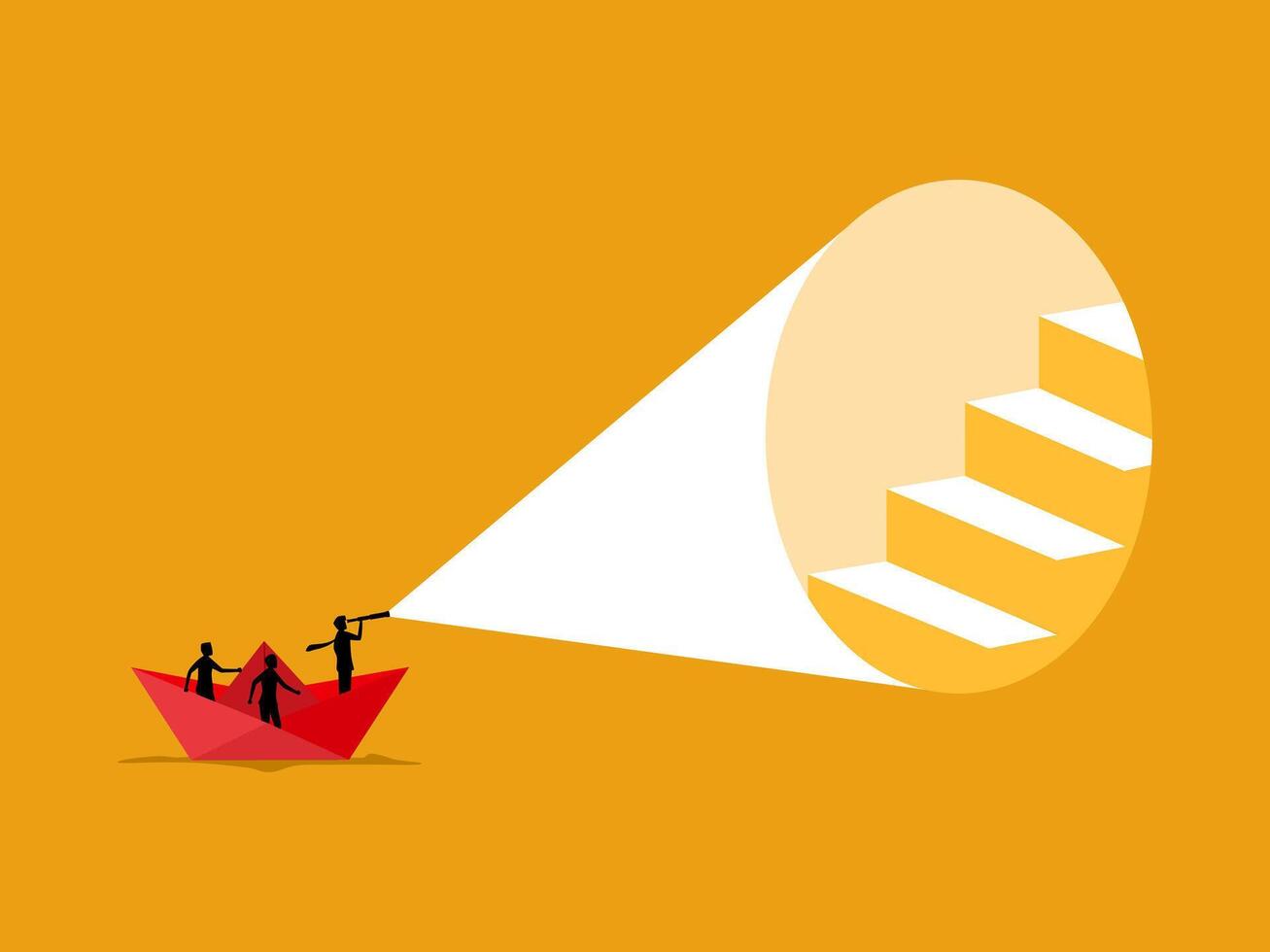 Business leader holding binoculars sailing on paper boat looking for the ladder of success vector