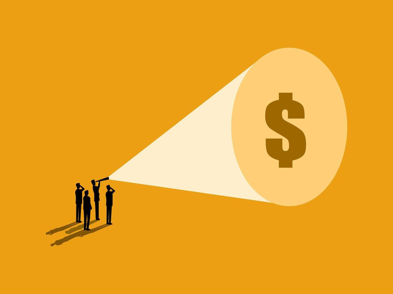 Business leaders and team members holding binoculars looking for money vector