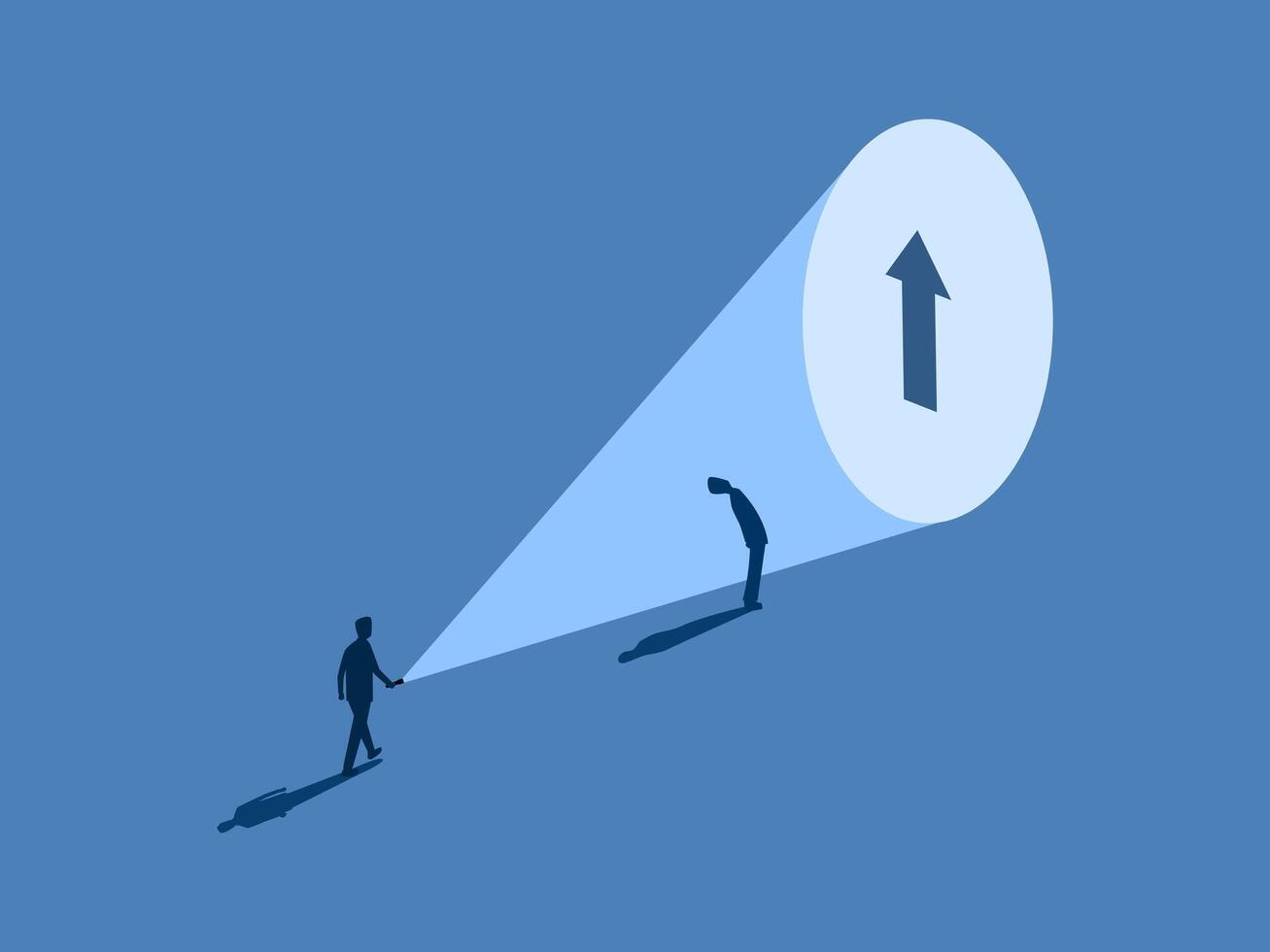 Businessman holding a flashlight to guide his colleagues to the career direction arrow vector
