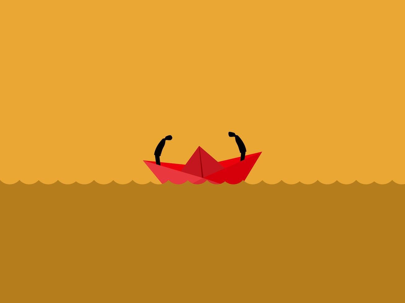 Two businessmen on a paper boat have a fight vector