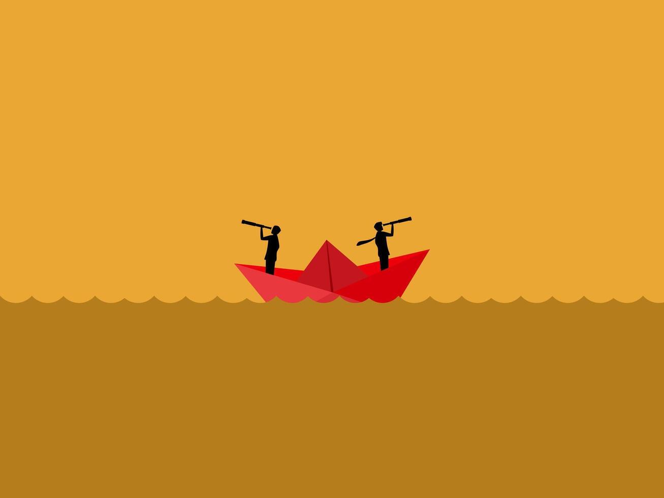 Different perspectives, Two businessmen on the paper boat look in different directions vector