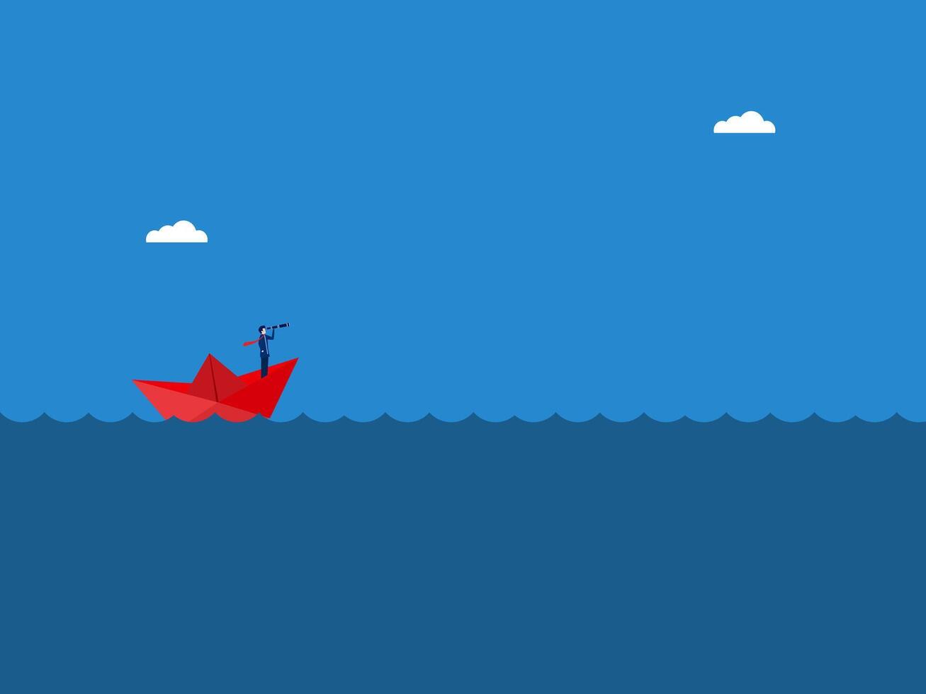 Businessman holding binoculars on paper boat exploring the sea vector