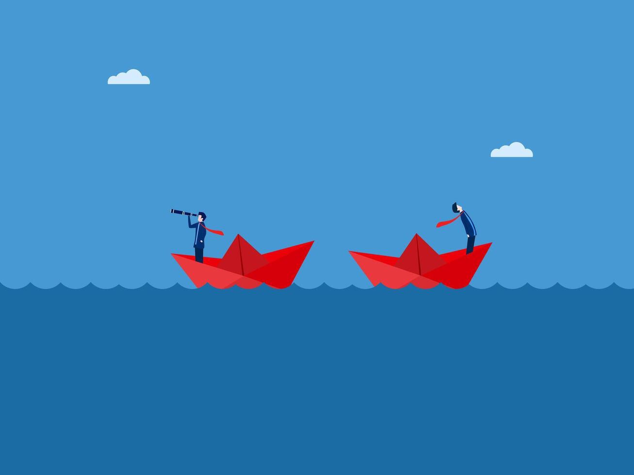 Conflict, two men drive paper boats in different directions vector