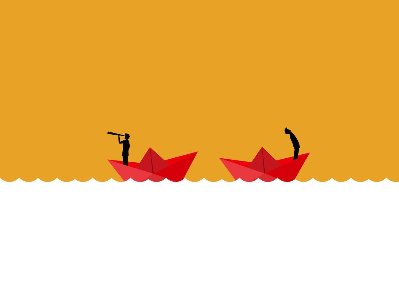 Conflict, businessmen drive paper boats in different directions vector