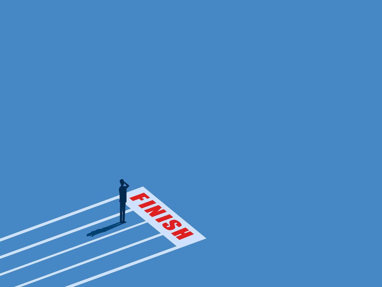 Mission accomplished, victory accomplished, businessman standing thinking on the finish line vector