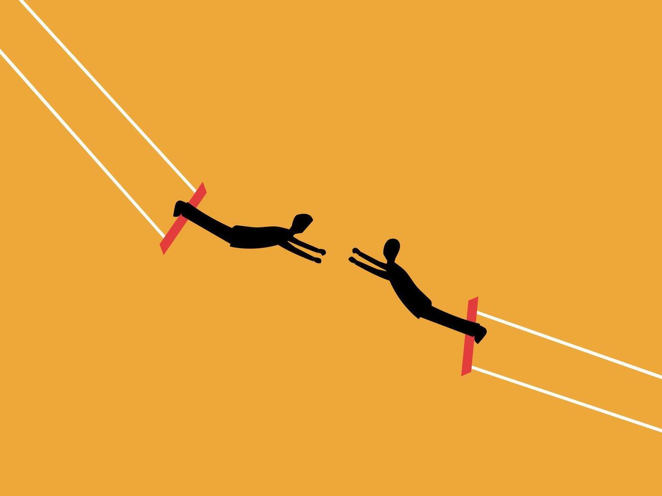 Risk, challenge, two businessmen swinging in acrobatics in coordination vector