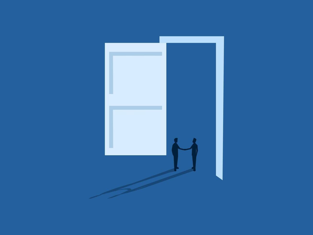 Welcome, Two businessmen shaking hands at the entrance vector