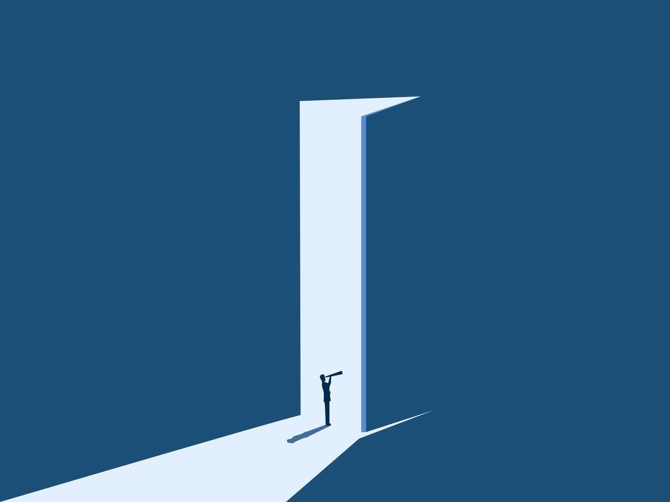 Businessman looking for opportunities at the big open door to welcome vector