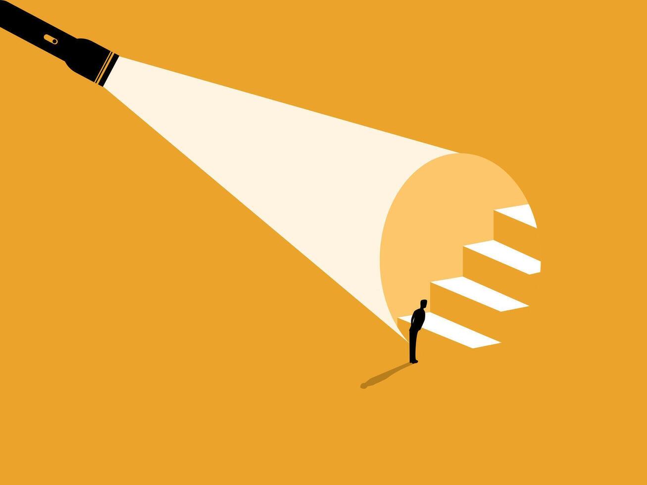 Revealing growth, man looks at light revealing the way up the stairs vector