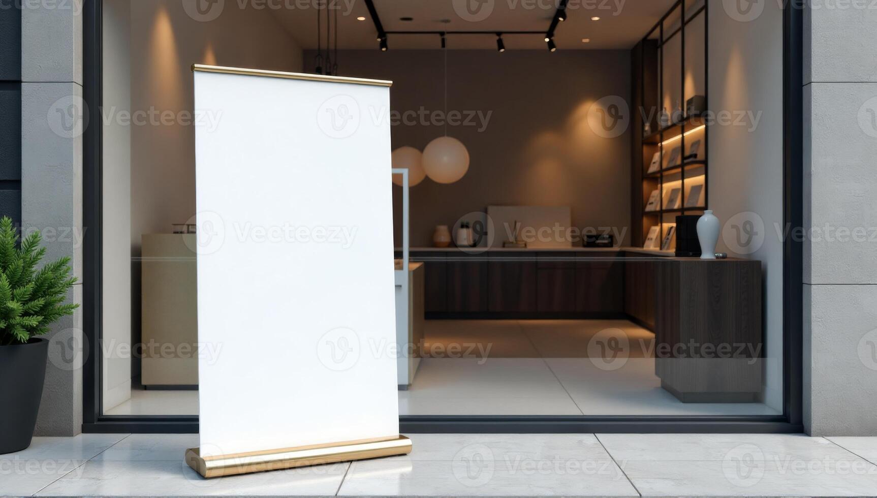 A blank roll up banner is displayed outside a store photo