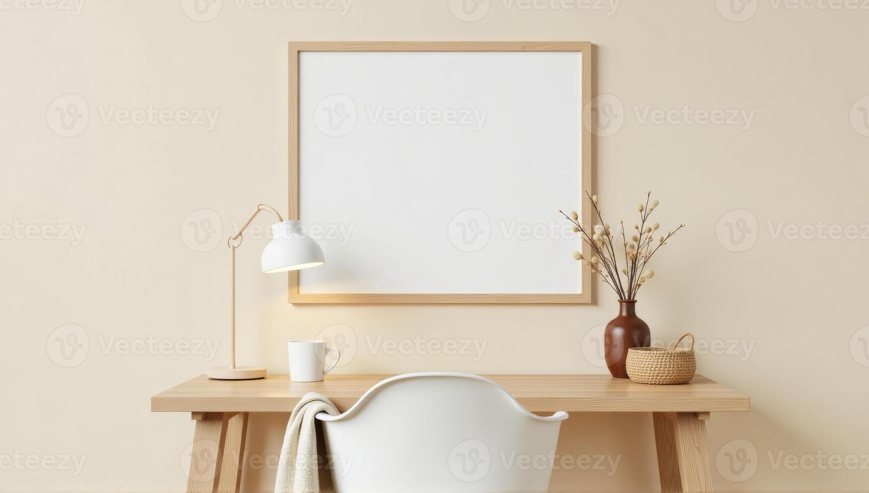 Mock up poster frame on a wooden desk with a white chair and lamp photo
