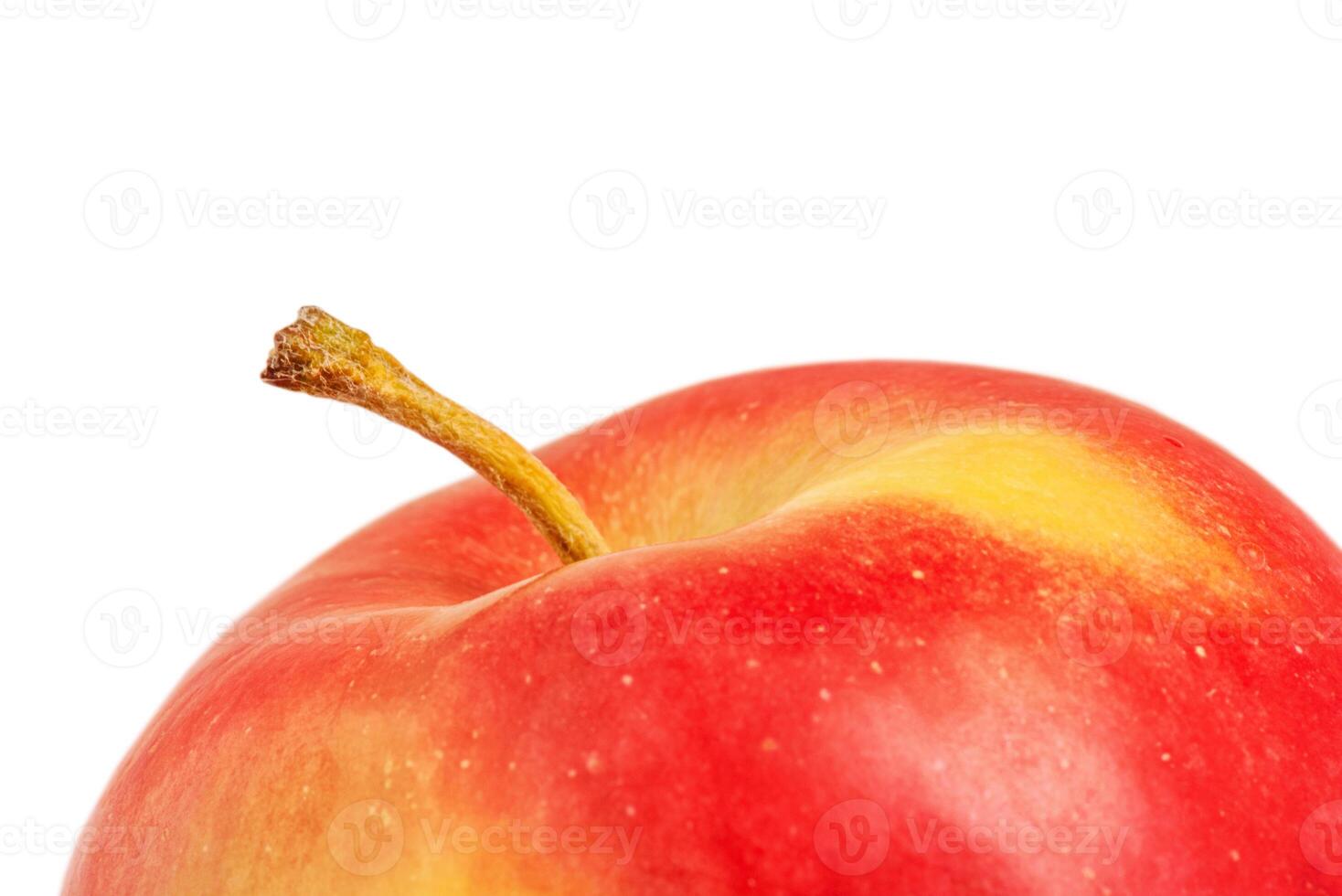 Macro photo of the top of a red and yellow apple isolated on a white background.