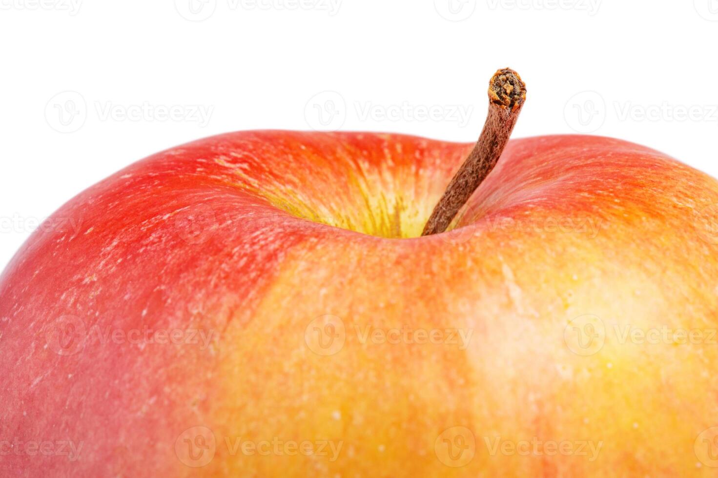 Macro photo of part of a red and yellow apple isolated on white.