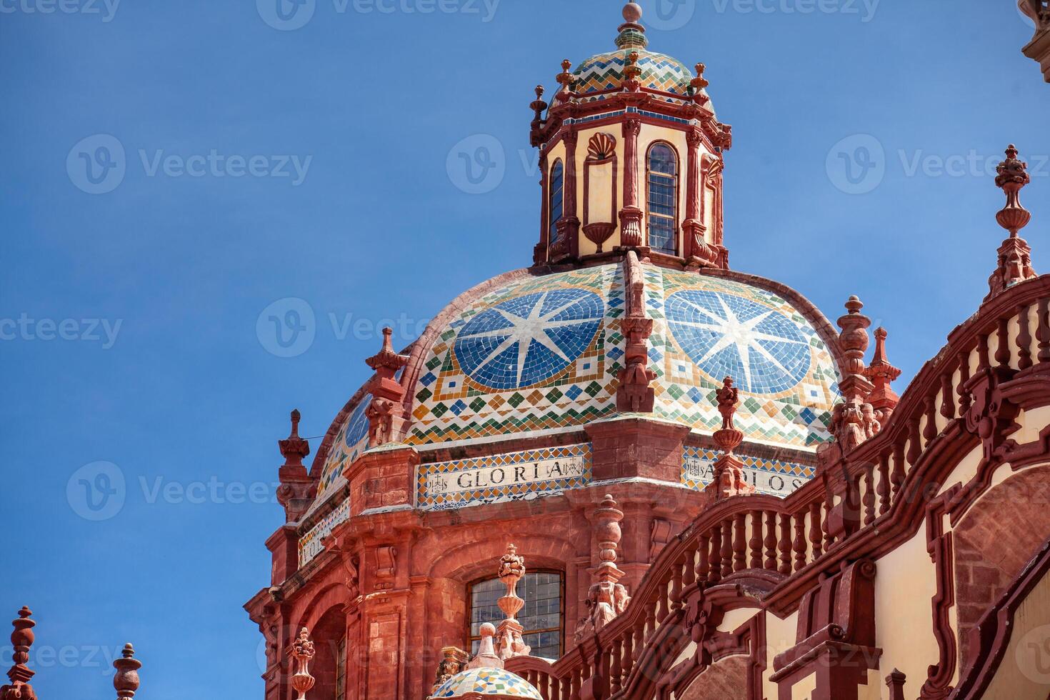 Close up of the dome of the beautiful historic Church of Santa Prisca built between 1751 and 1759 located on the east side of the main plaza of Taxco de Alarcon. photo