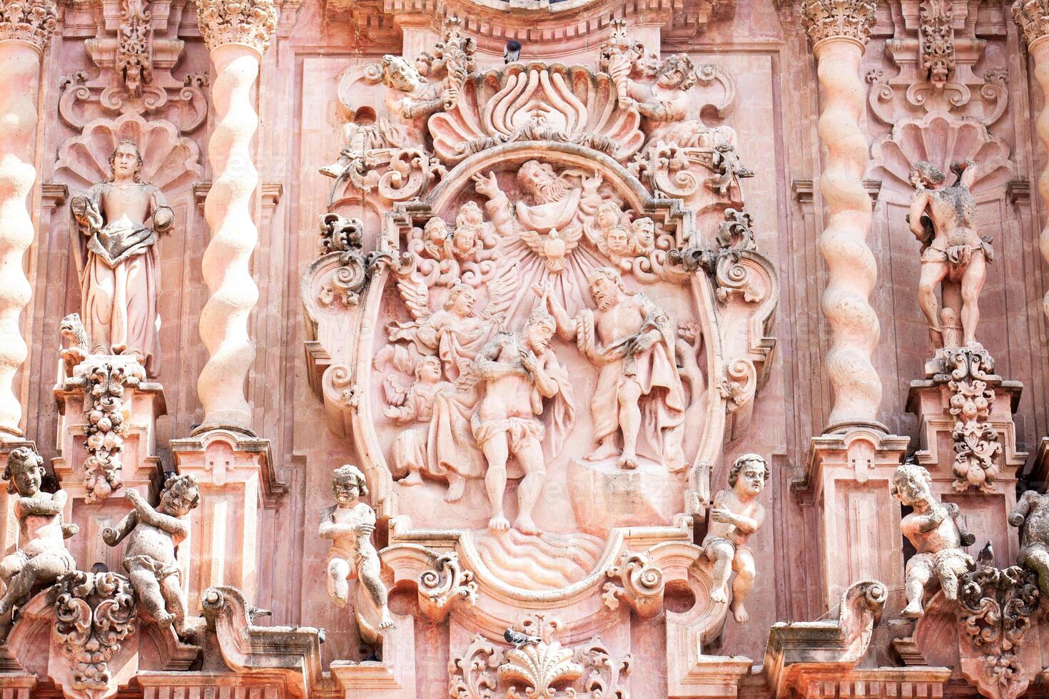Detail of the facade of the beautiful historic Church of Santa Prisca built between 1751 and 1759 located on the east side of the main plaza of Taxco de Alarcon. photo
