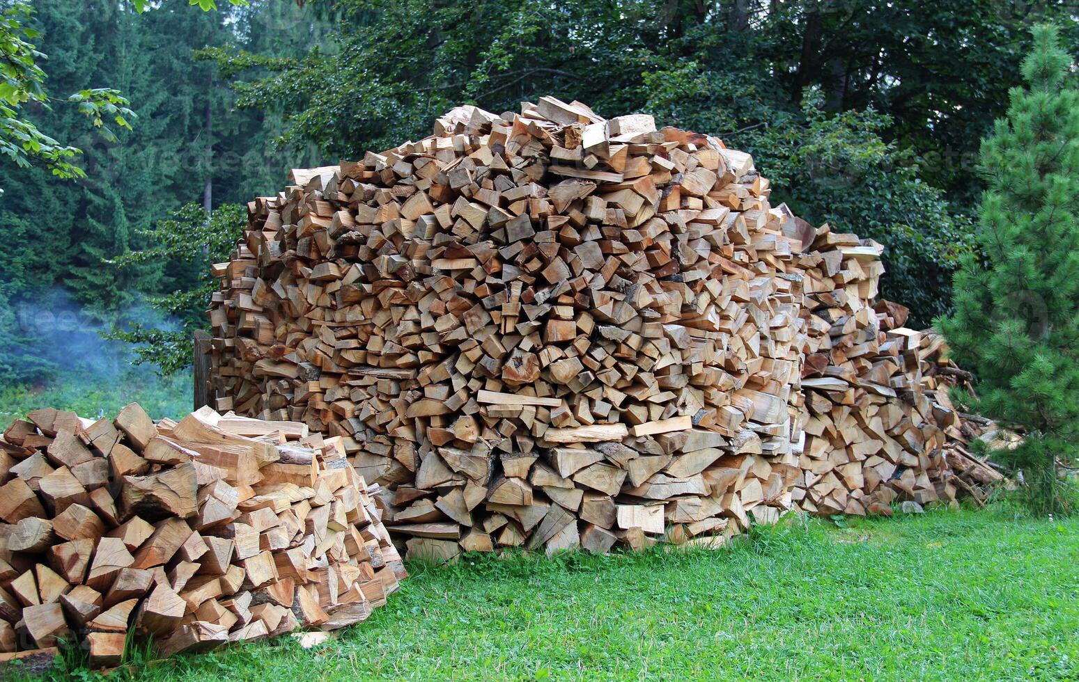 Round Woodpile On A Green Meadow photo