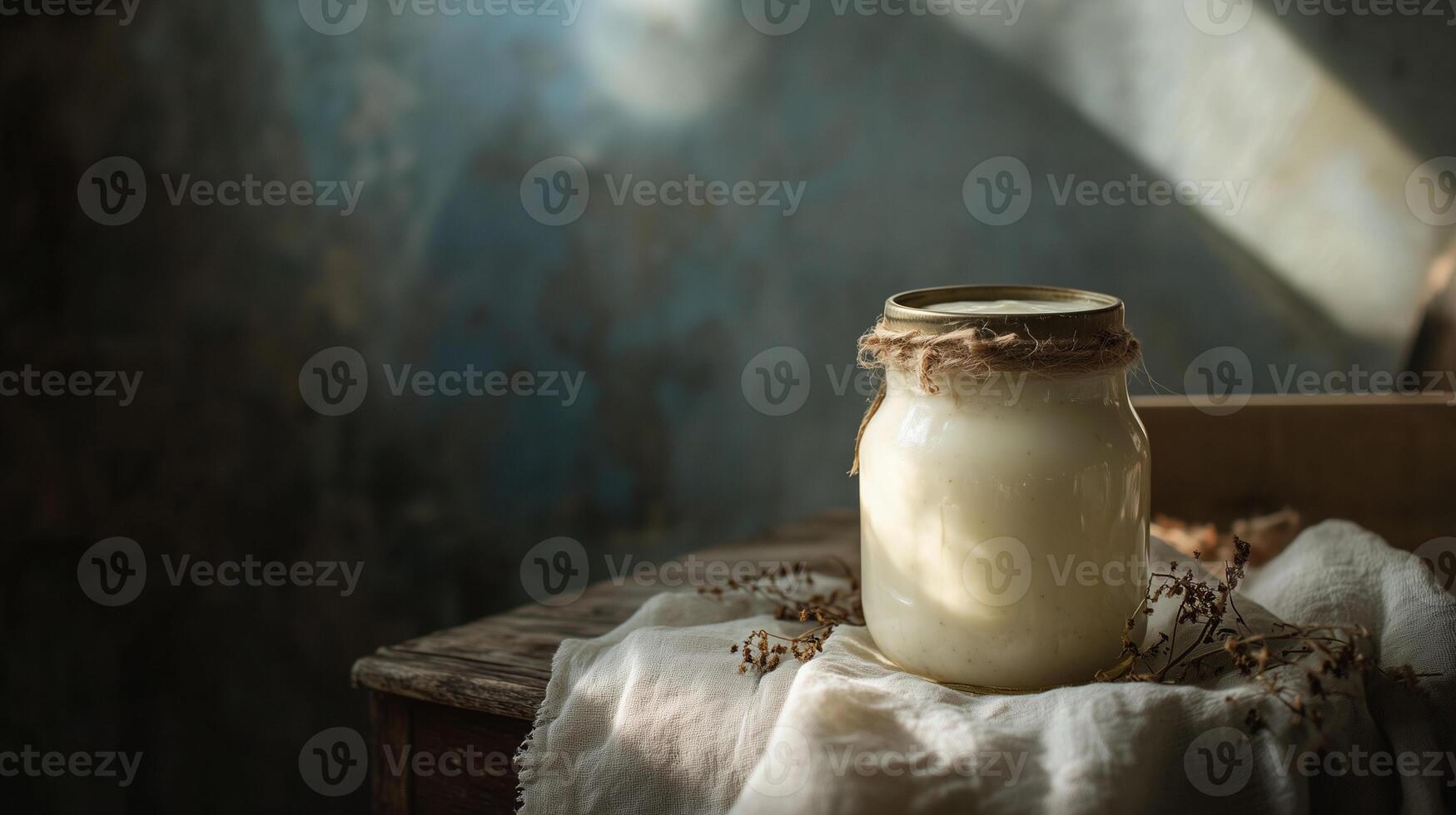 Rustic jar of homemade plant-based yogurt sits on a weathered table bathed in soft light indoors photo
