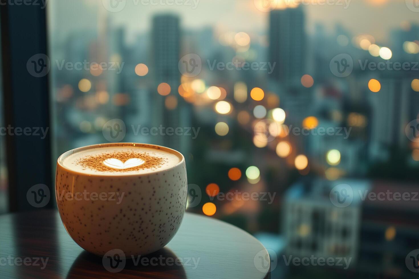 Elegant coconut bowl with latte art in a modern cafe overlooking a city skyline at sunset photo