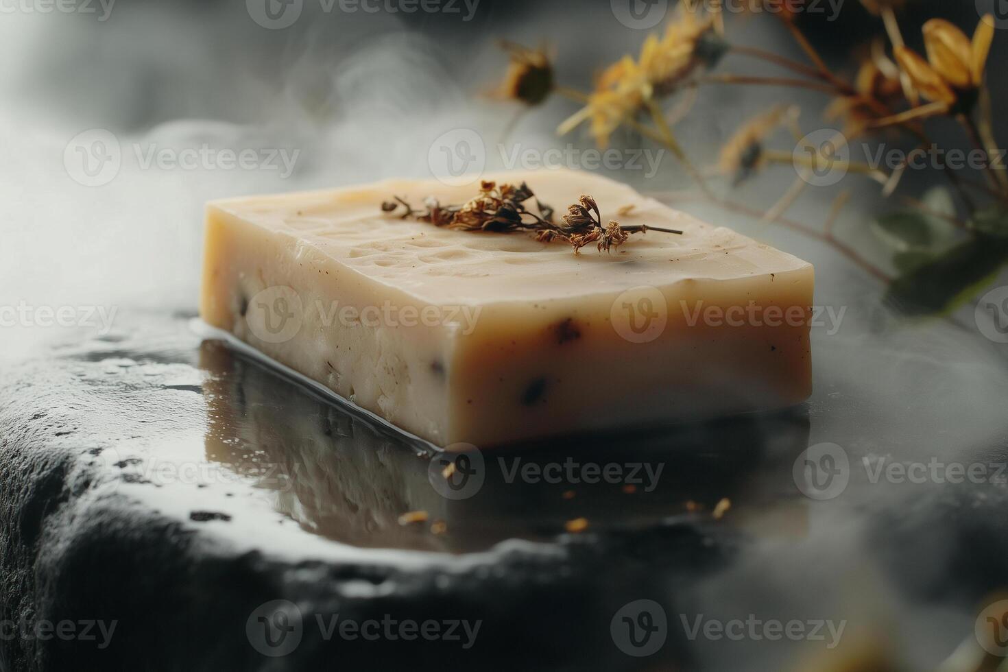 Organic bar of soap on a stone surface surrounded by delicate flowers in a serene, misty setting photo