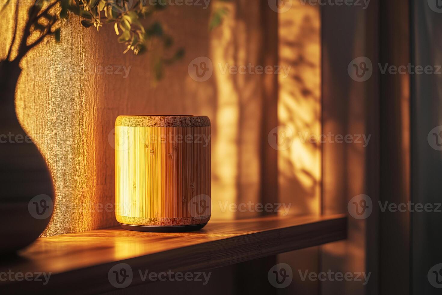 Stylish bamboo speaker placed on wooden shelf illuminated by warm sunlight in a cozy interior setting photo