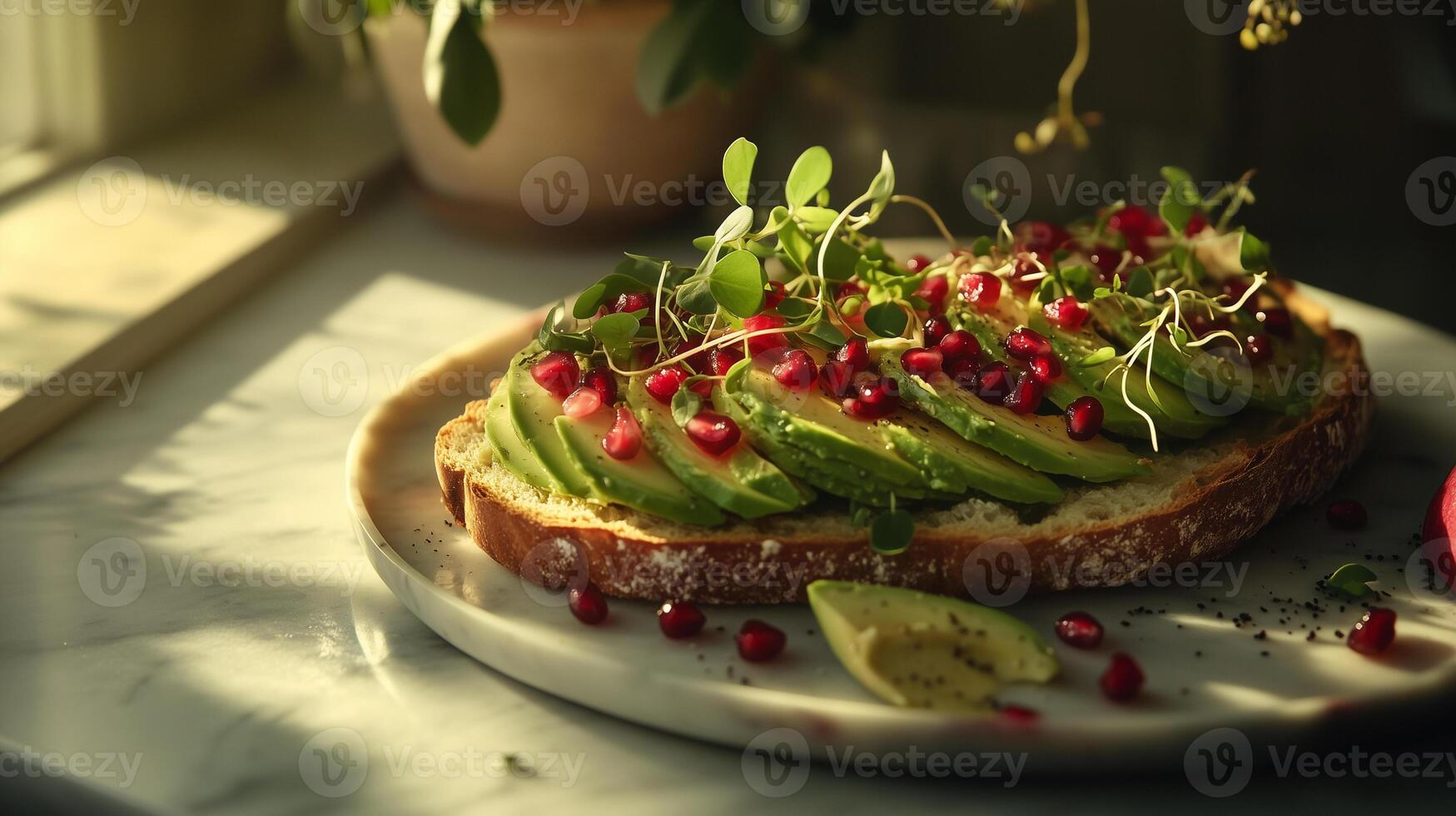 Delicious gluten-free artisan bread topped with fresh avocado and pomegranate seeds in a cozy cafe setting photo