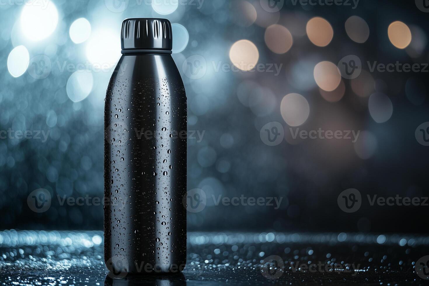 Reusable stainless steel water bottle stands out against a blurred, rainy background during evening hours photo
