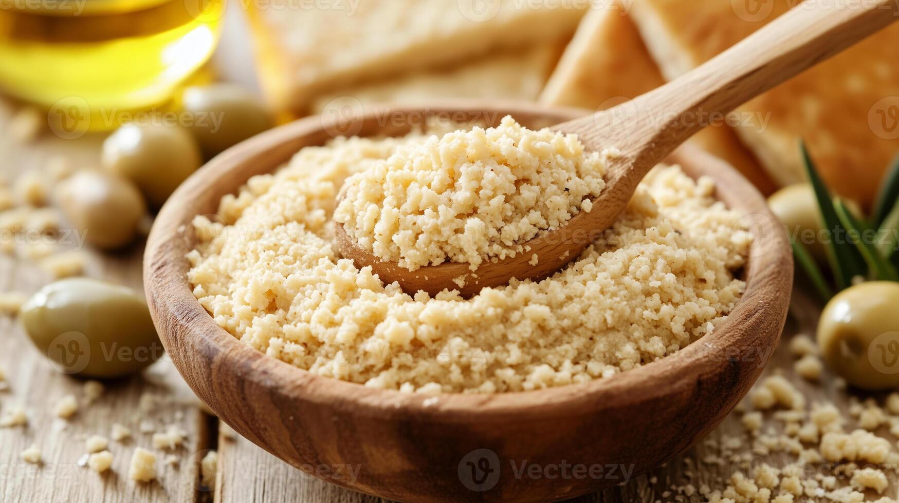 Creamy hummus stirred with a wooden spoon creates a delicious and comforting dip ready for sharing at a gathering photo
