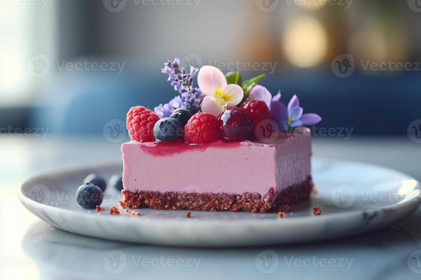Delicious vegan cake topped with assorted berries and edible flowers created by a local pastry chef at a cafe photo