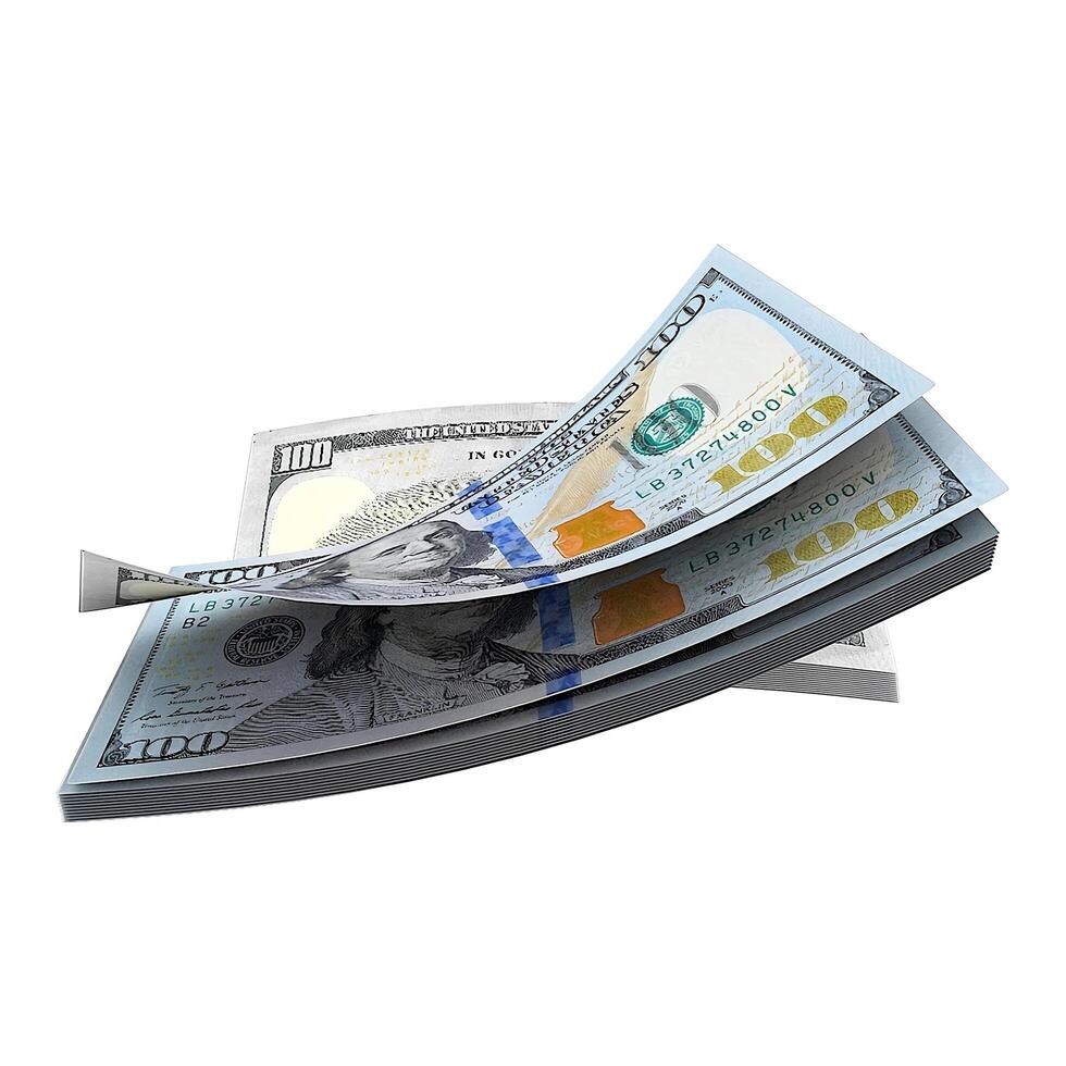A stack of hundred dollar bills on a white background photo