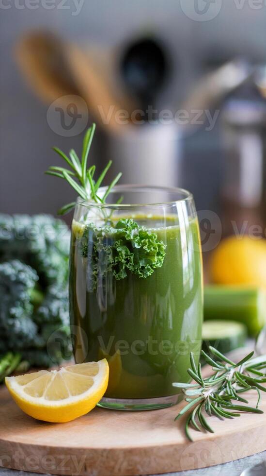 A glass of green juice garnished with a sprig of rosemary and kale sits on a wooden board photo