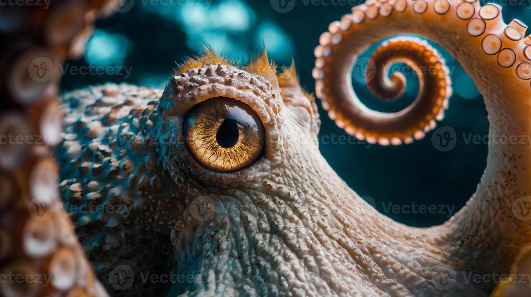 An octopus is closely focused, highlighting its striking eye and the intricate patterns of its tentacles photo