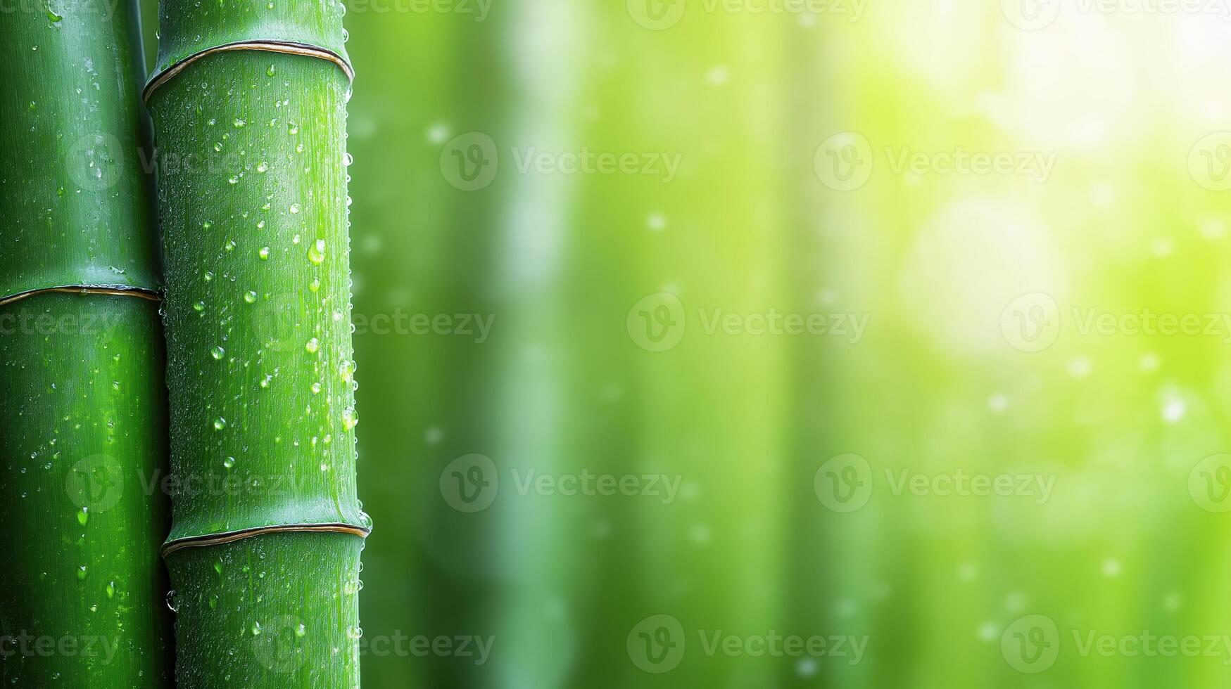 Fresh green bamboo stalks covered in dewdrops with a soft natural bokeh background photo