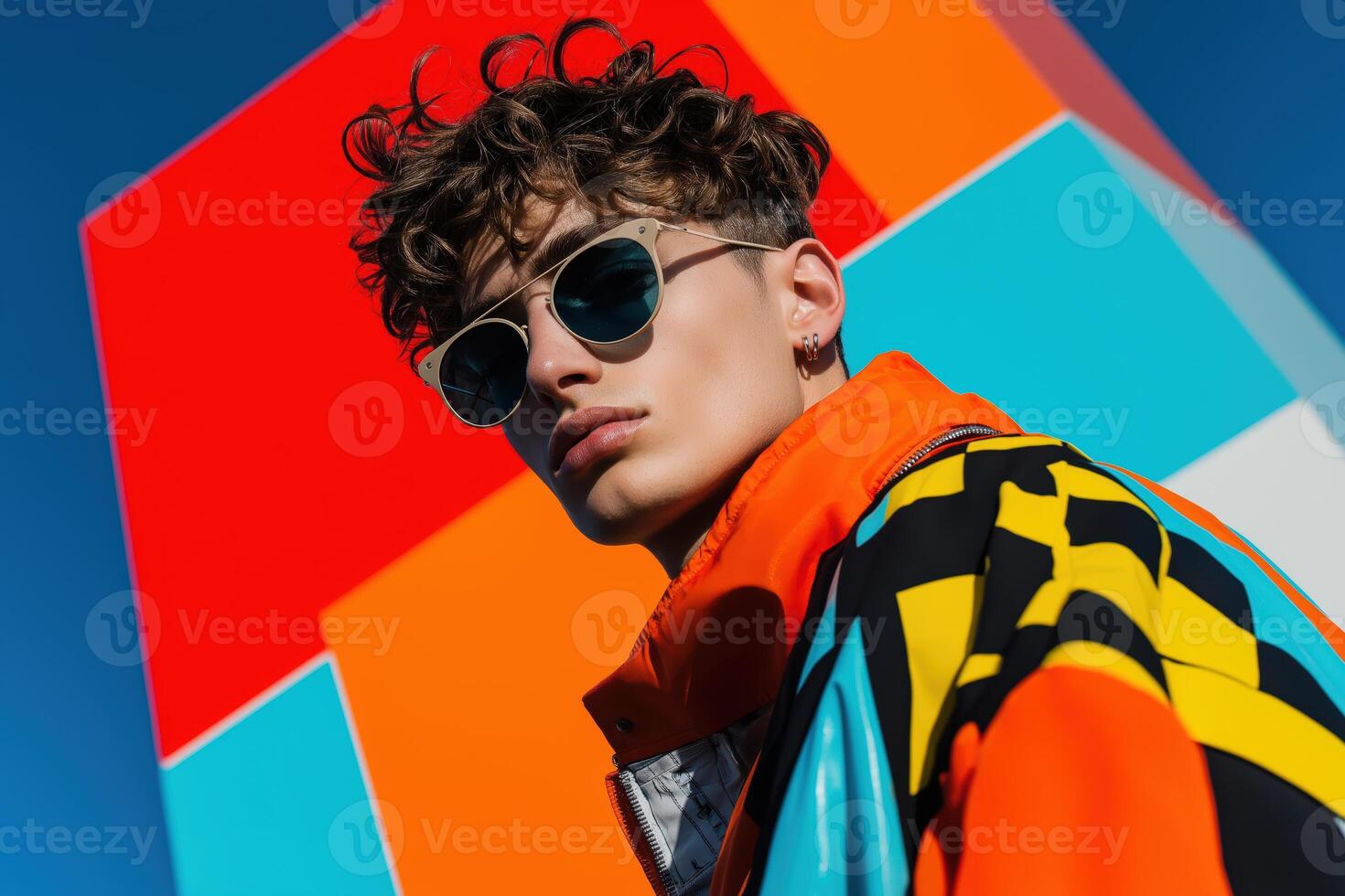 Stylish male model wearing sunglasses and vibrant fashion jacket posing against a colorful geometric background photo