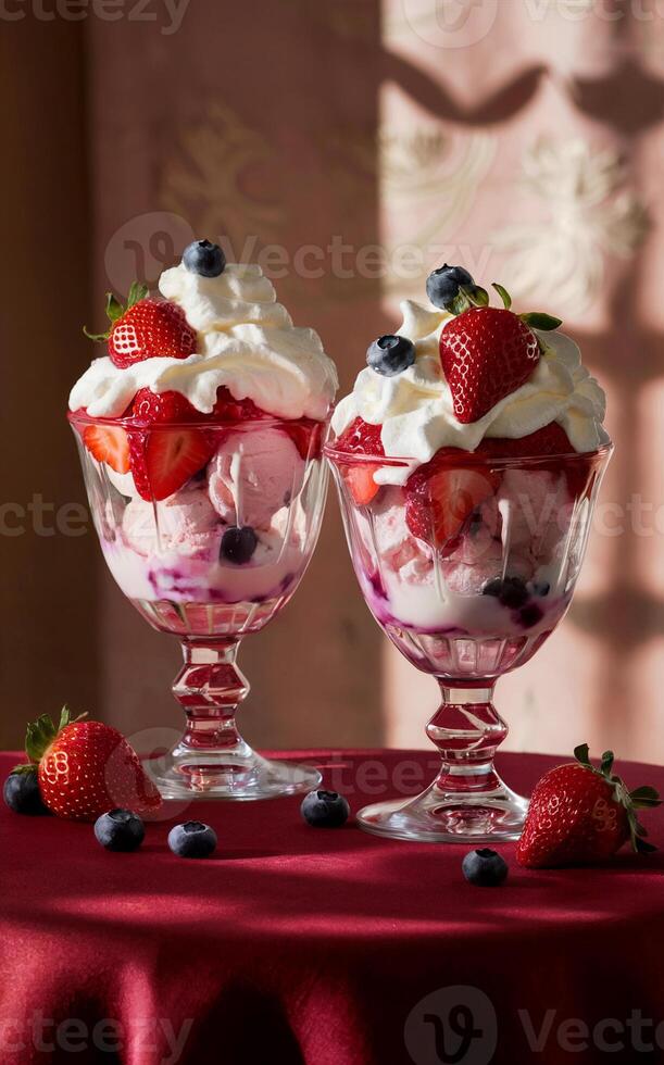 Two glass dessert cups are filled with scoops of ice cream topped with whipped cream, strawberries, and blueberries photo