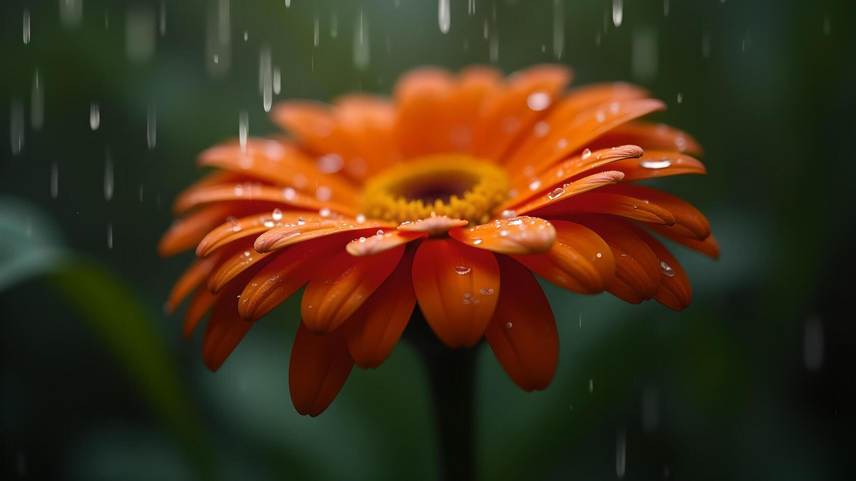 An orange flower is in the rain with drops photo