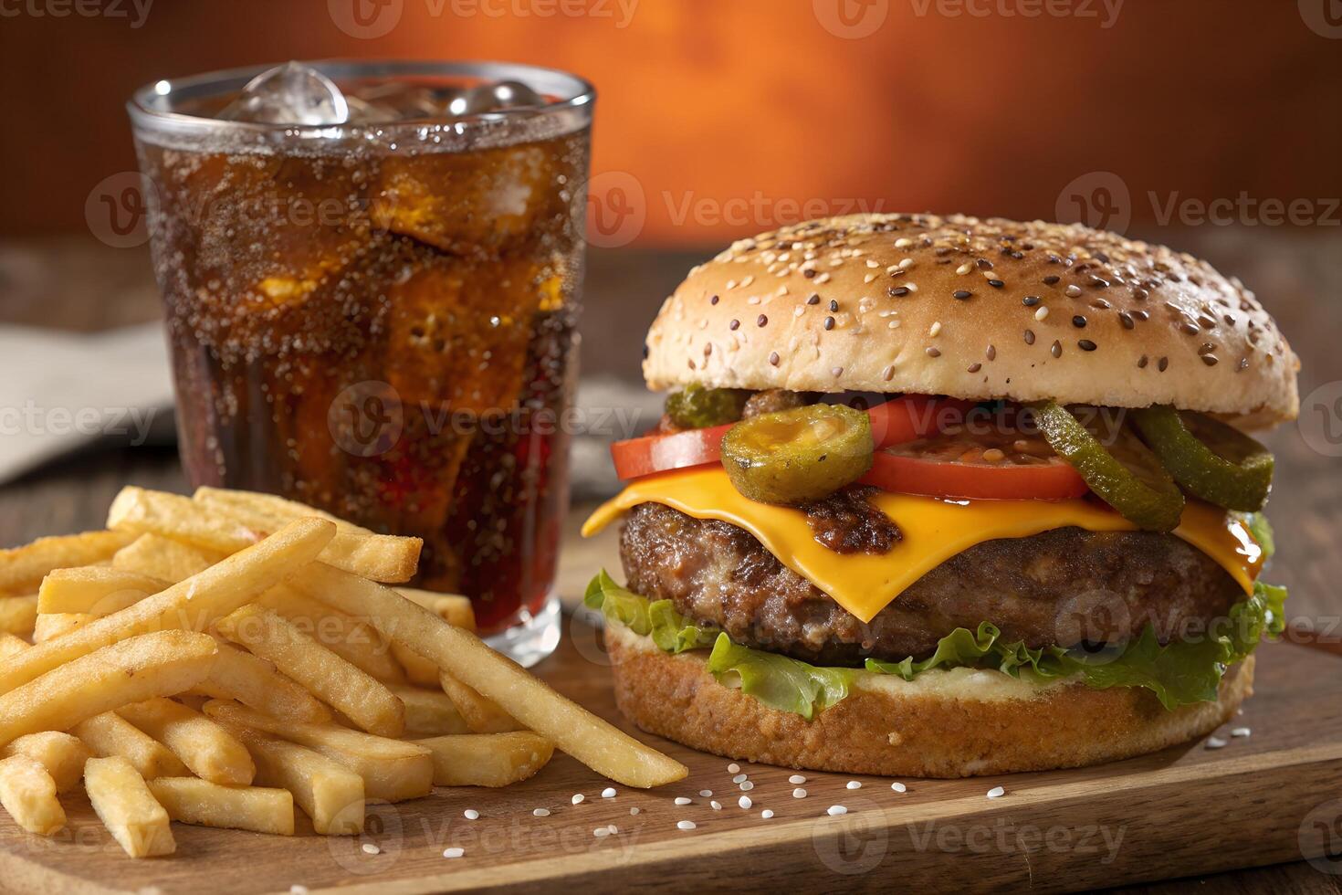 Juicy Cheeseburger with Fries and Soda on a Wooden Platter photo