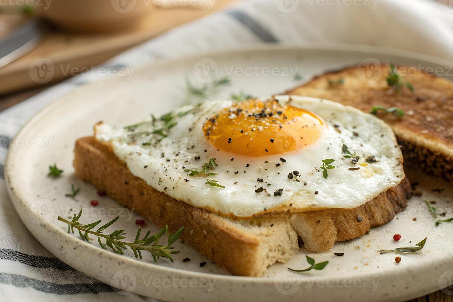 Delicious Fried Egg on Toast with Fresh Herbs and Seasoning Breakfast Plate photo