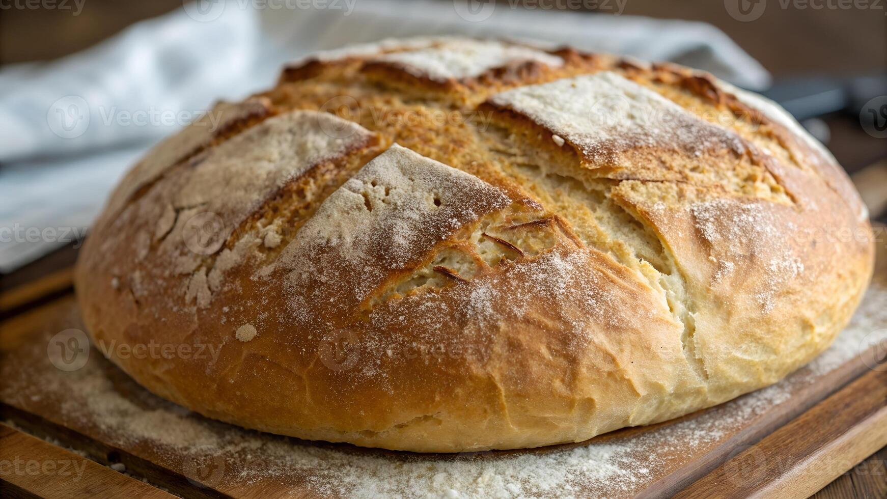 Freshly Baked Rustic Bread on a Wooden Cutting Board photo