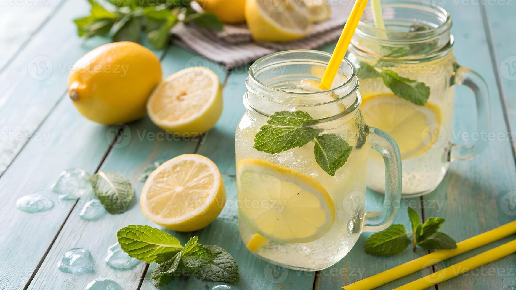 Refreshing Homemade Lemonade with Mint and Ice Summer Drink in Mason Jars photo