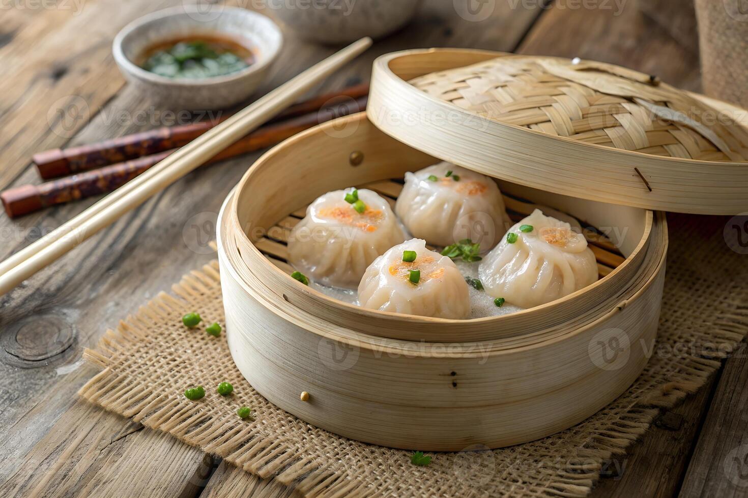 Steamed Dim Sum in Bamboo Basket with Chives photo