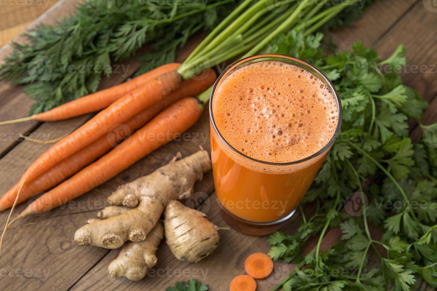 Fresh Carrot Juice with Carrots and Ginger on Wooden Table photo