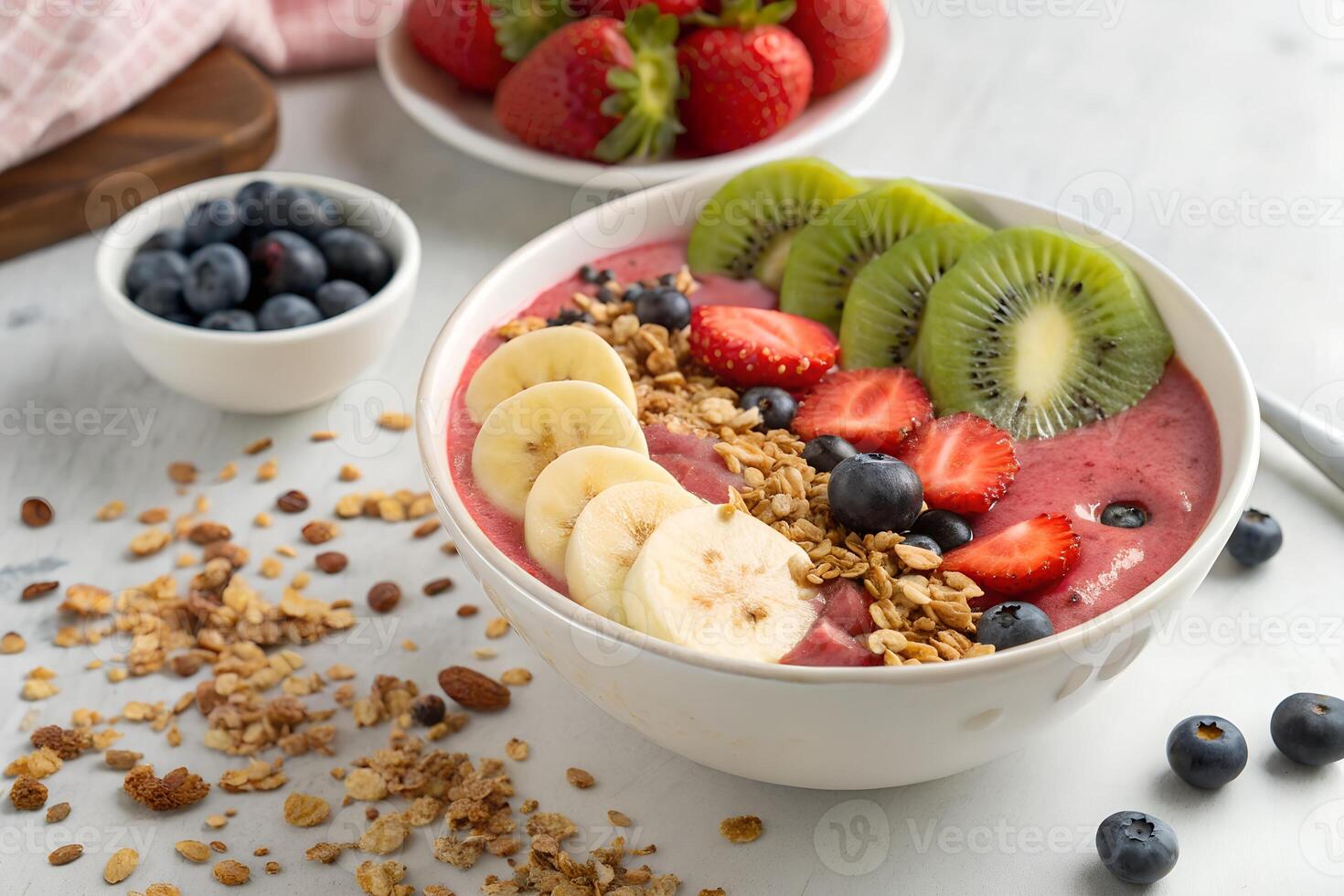Delicious and Healthy Acai Bowl with Fresh Fruits and Granola photo
