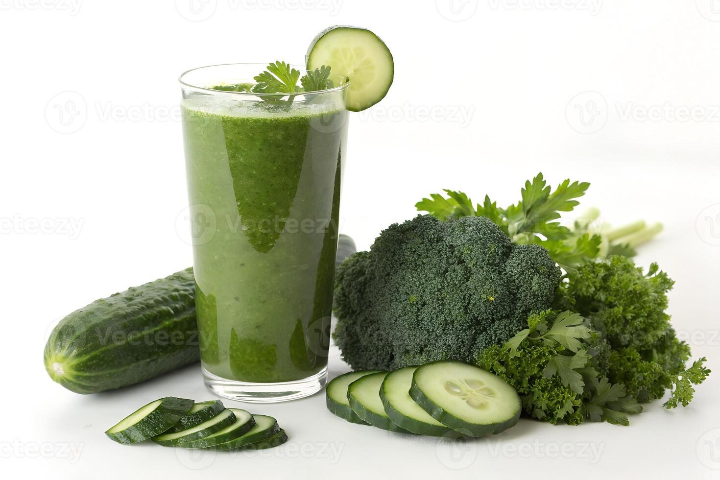 Healthy Green Smoothie with Cucumber, Broccoli, and Fresh Herbs photo