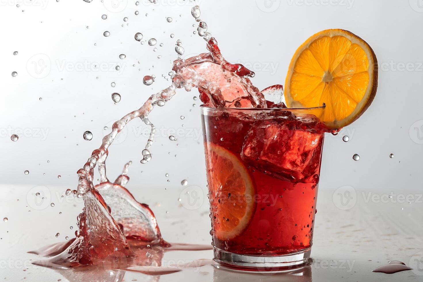 Refreshing Splash of Red Drink with Lemon Slice and Ice Cubes photo