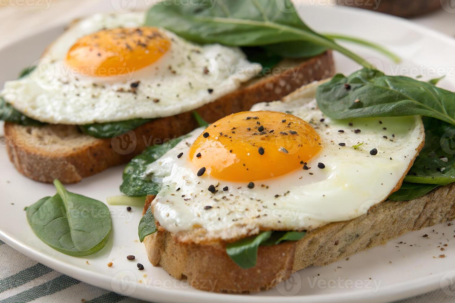 Fried Eggs on Toast with Fresh Spinach and Black Pepper photo