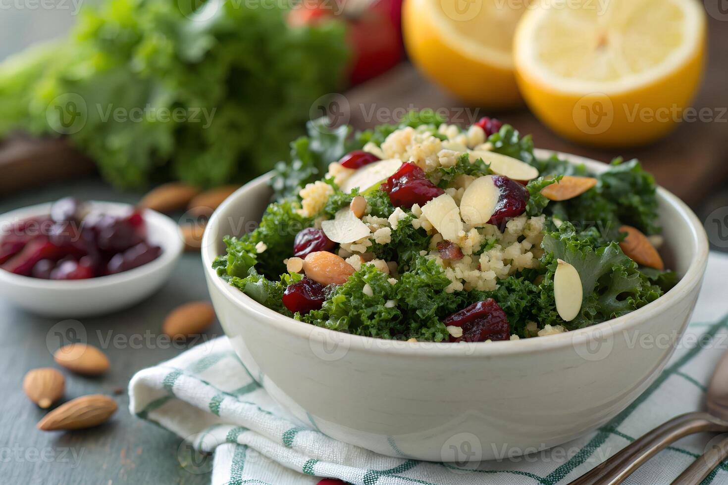 Healthy Kale Salad with Almonds and Cranberries photo